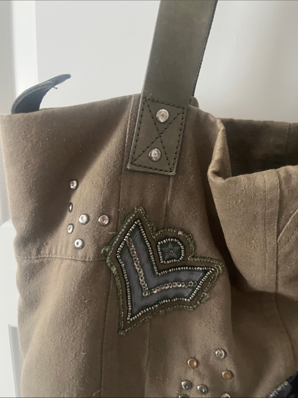 Free People Khaki and Black Patchwork Tote with Embroidered Patches - Picture 4 of 12